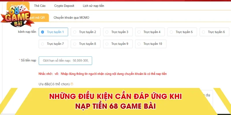 Những điều kiện cần đáp ứng khi nạp tiền 68 Game Bài